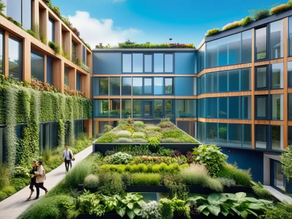 Arquitectura sostenible para salud pública: Edificio ecoamigable integrado en entorno urbano verde, con paneles solares y jardín vertical