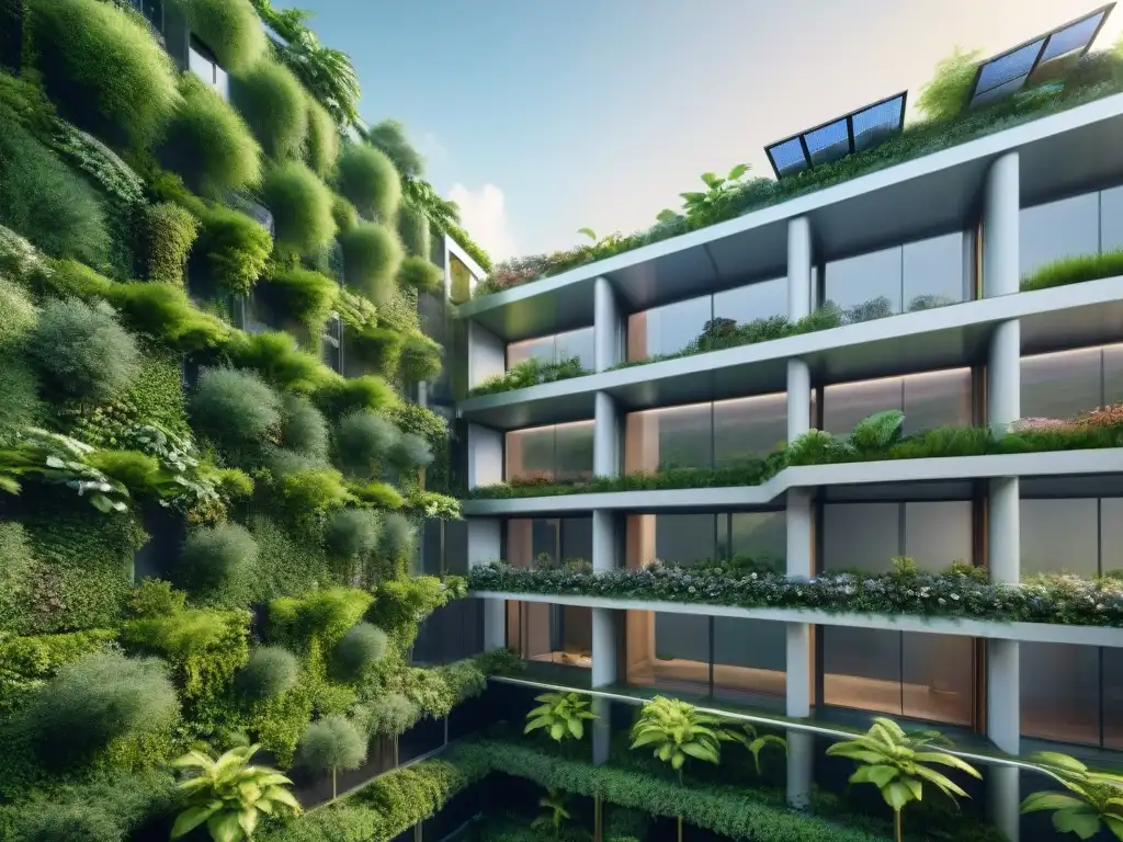 Arquitectura sostenible con tecnologías emergentes, edificio futurista rodeado de vegetación exuberante y paneles solares integrados