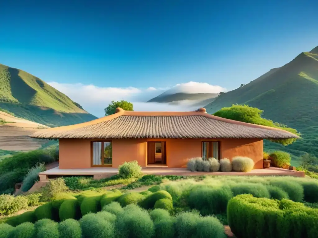 Arquitectura de tierra sostenible: Casa de adobe en valle verde, armonía con naturaleza