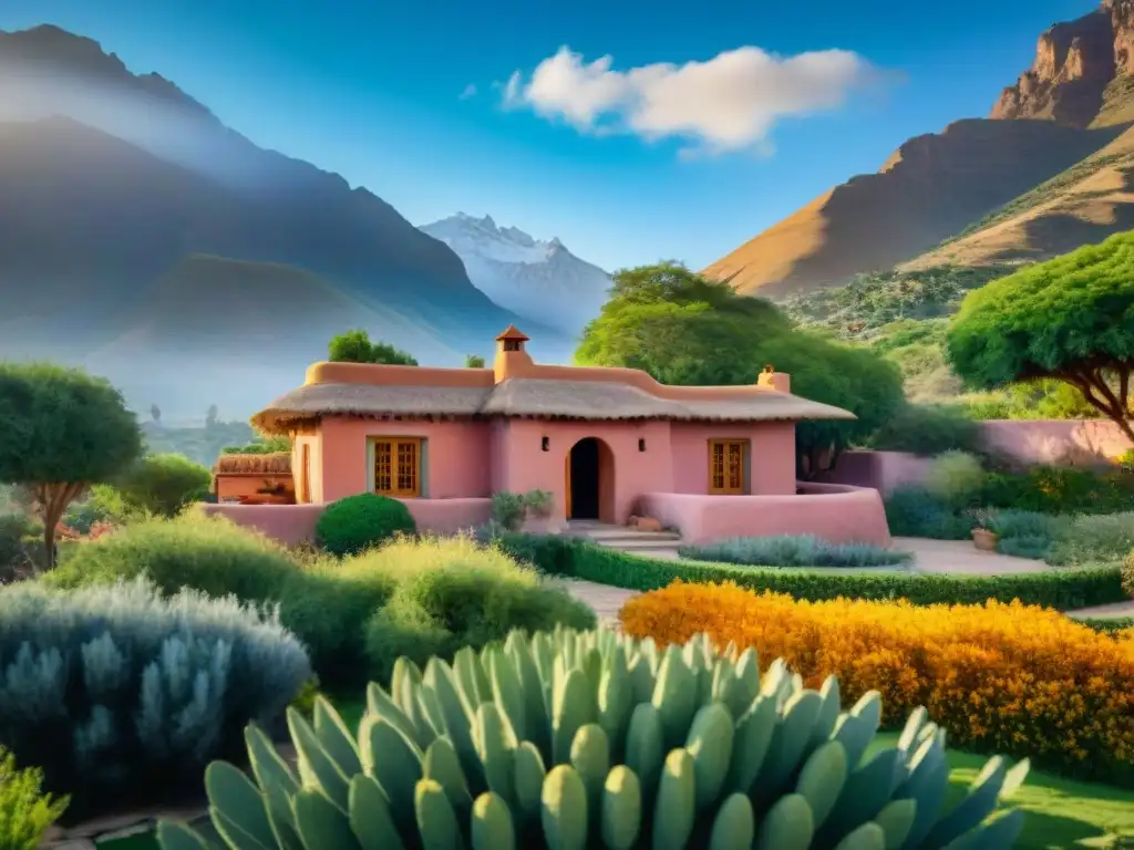 Arquitectura de tierra sostenible: Casa de adobe en oasis verde con detalles coloridos y montañas al fondo