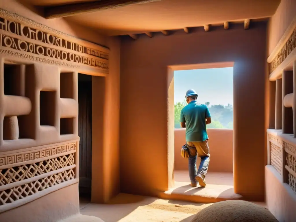 Arquitectura de tierra sostenible: Detalle de artesanos construyendo casa de adobe con barro, paja y agua, resaltando texturas y sombras