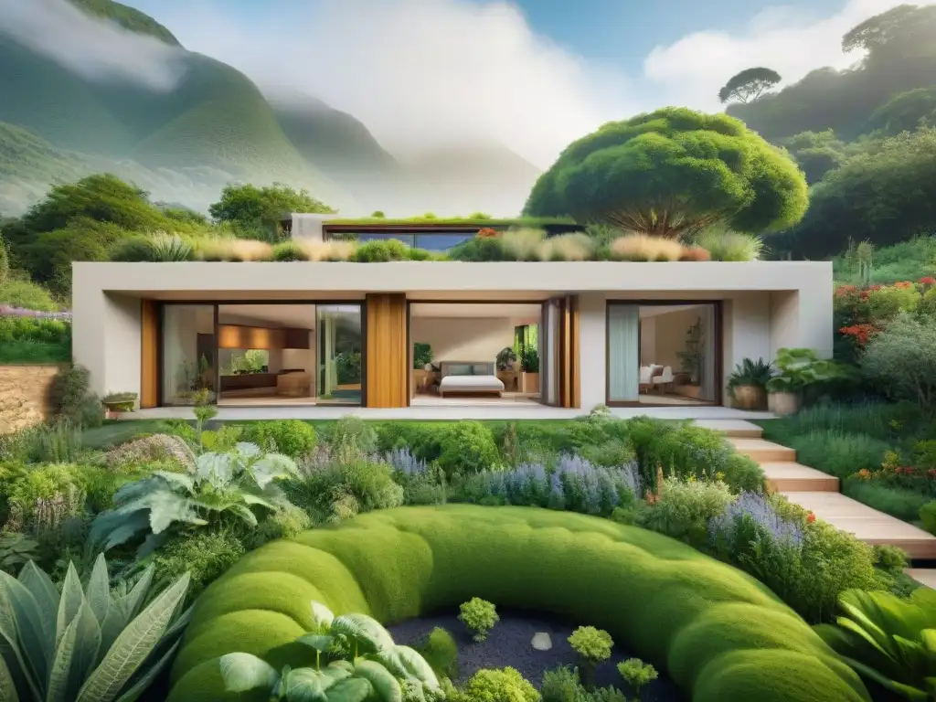 Arquitectura de tierra sostenible: Casa ecológica integrada en paisaje verde, con diseño eco-amigable y detalles naturales