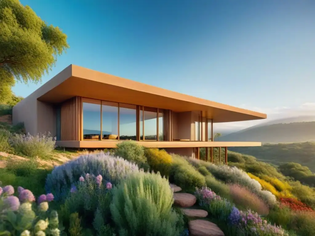 Arquitectura de tierra sostenible: moderna casa de adobe con grandes ventanas, rodeada de naturaleza exuberante y flores silvestres