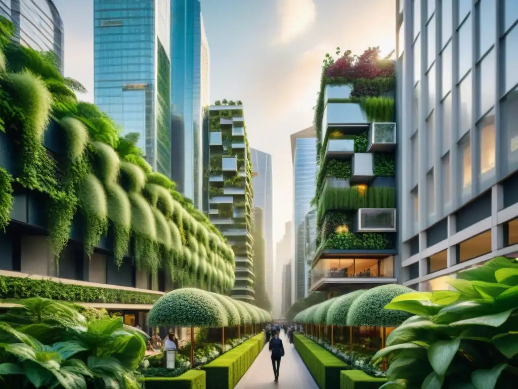 Arquitectura verde en comunidades urbanas: Ciudad bulliciosa con rascacielos cubiertos de jardines verticales, fusionando naturaleza y modernidad