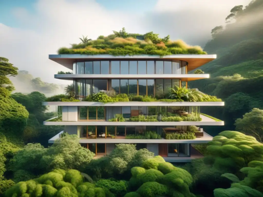 Arquitectura verde sostenible para futuras generaciones: Edificio futurista integrado con la naturaleza, lleno de vida y luz natural