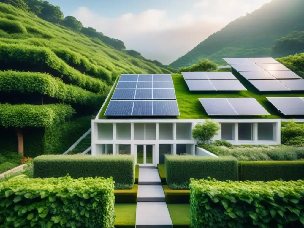 Arquitectura verde sostenible para futuras generaciones: Edificio futurista rodeado de vegetación, paneles solares y diseño ecológico innovador