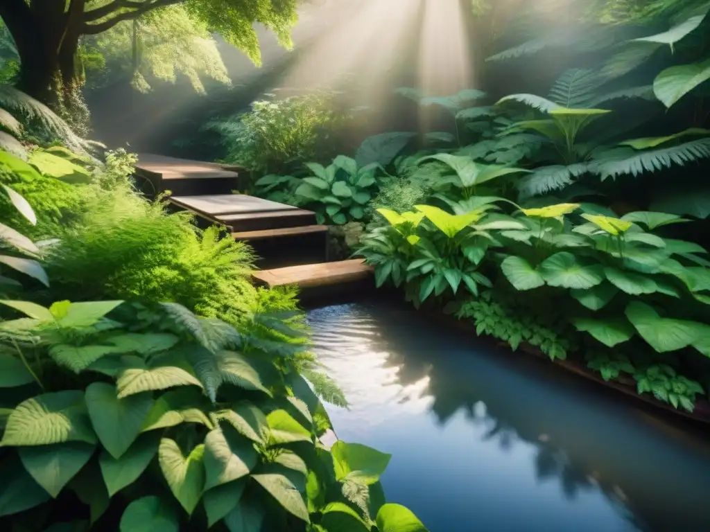 Generador microhidroeléctrico en jardín verde Un arroyo claro fluye suavemente en un jardín verde, con un generador microhidroeléctrico