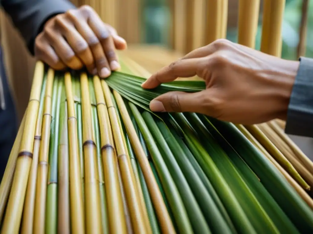 Arte en manos: hábiles dedos entrelazan tiras de bambú para construir panel