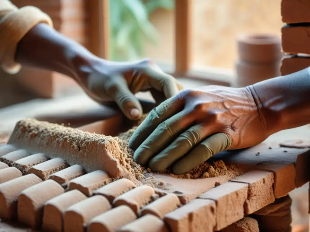Artesano moldeando adobe: tradición y sostenibilidad Artesano moldeando adobe con arcilla y paja