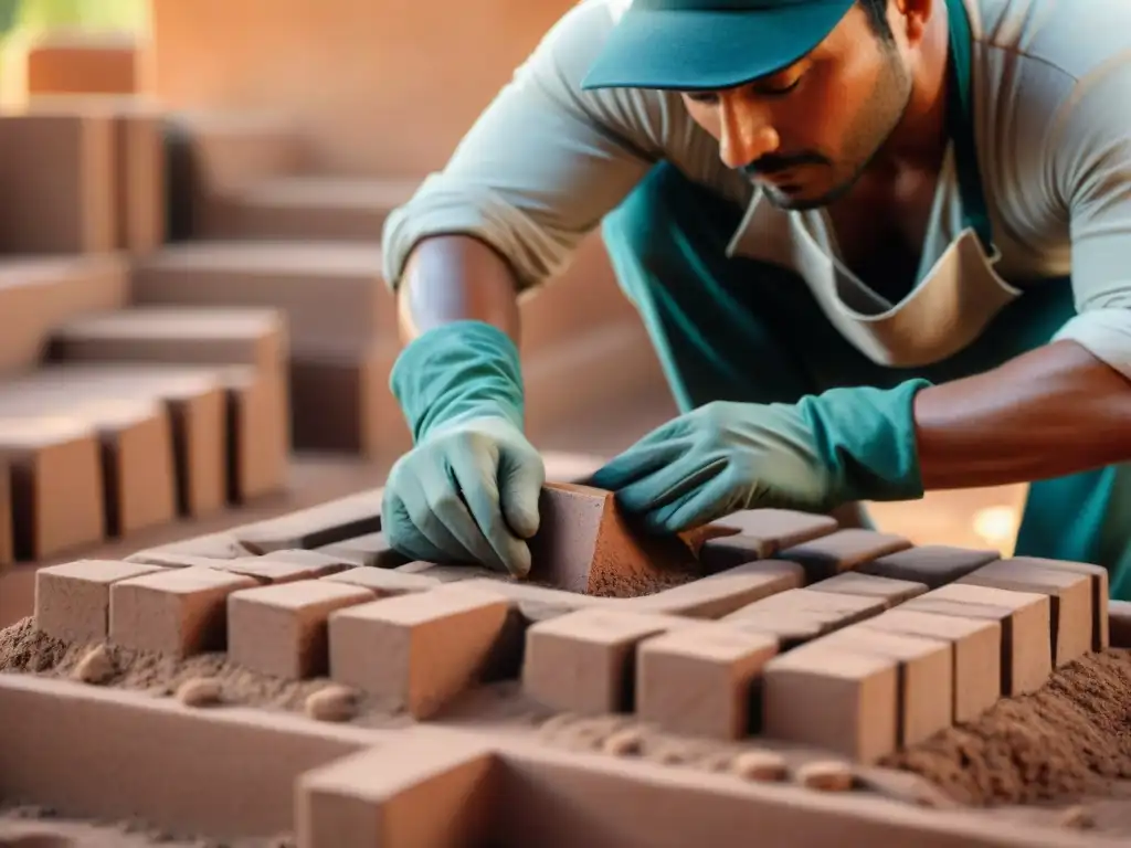 Un artesano moldea adobes a mano en un entorno rústico, mostrando la técnica tradicional de construcción con adobes