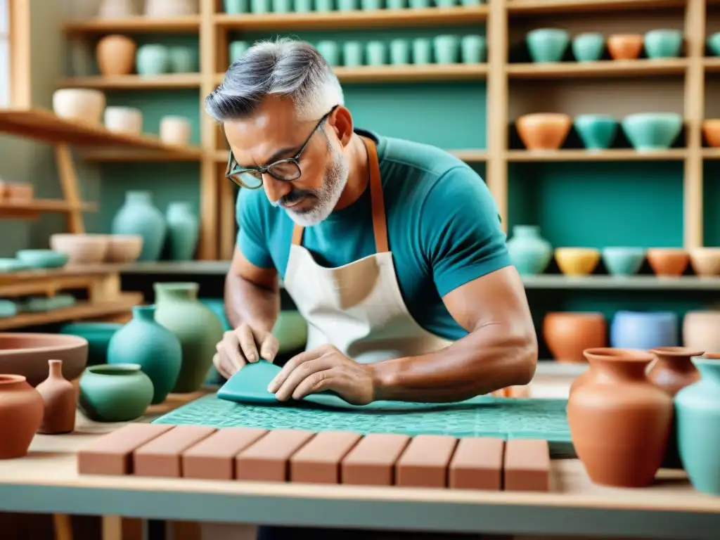 Un artesano creando una cerámica decorativa sostenible en un taller soleado y rústico, rodeado de herramientas y esmaltes coloridos