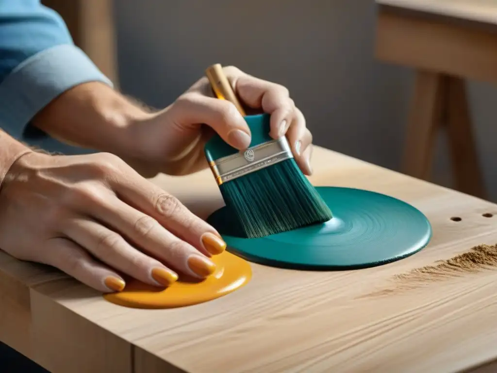 Un artesano aplica con delicadeza pintura vibrante y no tóxica en madera, resaltando la artesanía y cuidado