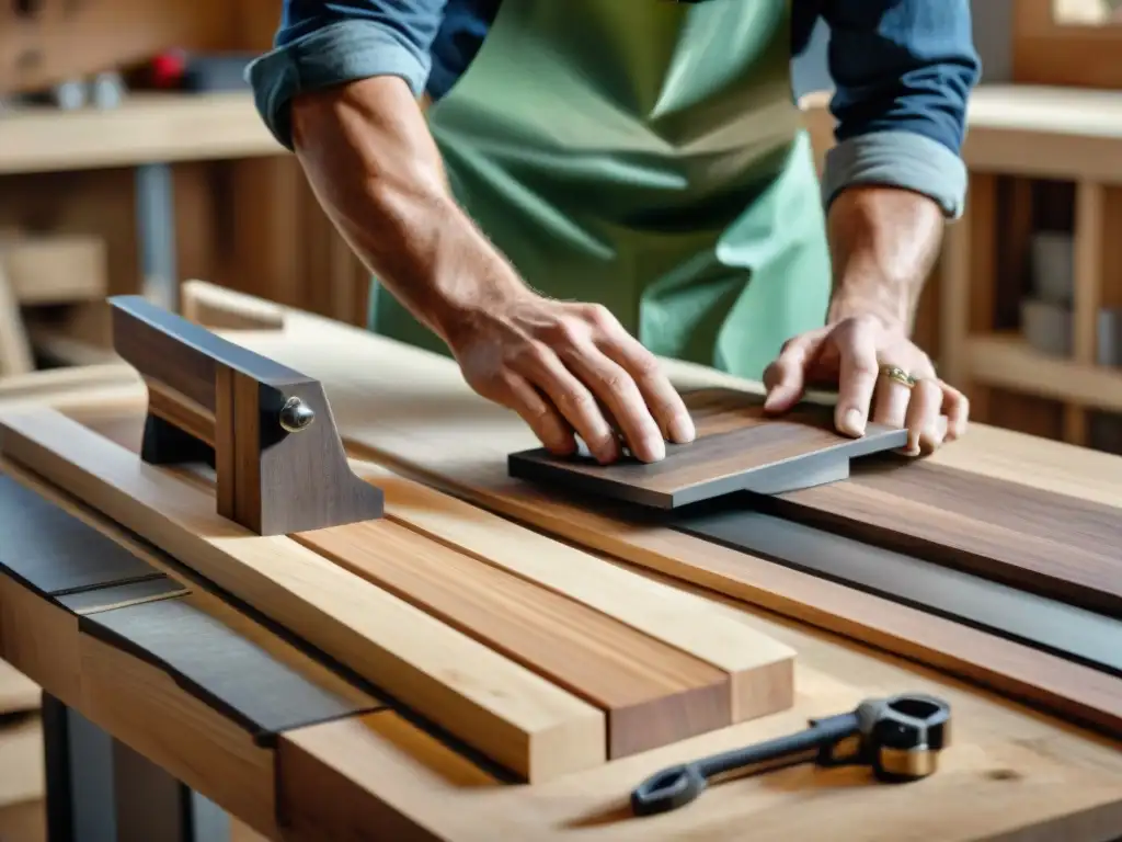 Un artesano ensambla con destreza madera reciclada para crear muebles únicos, mostrando la construcción sostenible con materiales reciclados