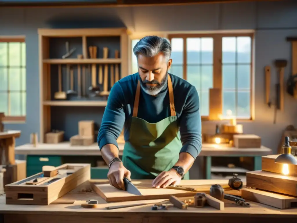 Artesano crea mueble sostenible con maestría Un artesano crea con destreza muebles hermosos usando materiales reciclados, rodeado de herramientas y madera