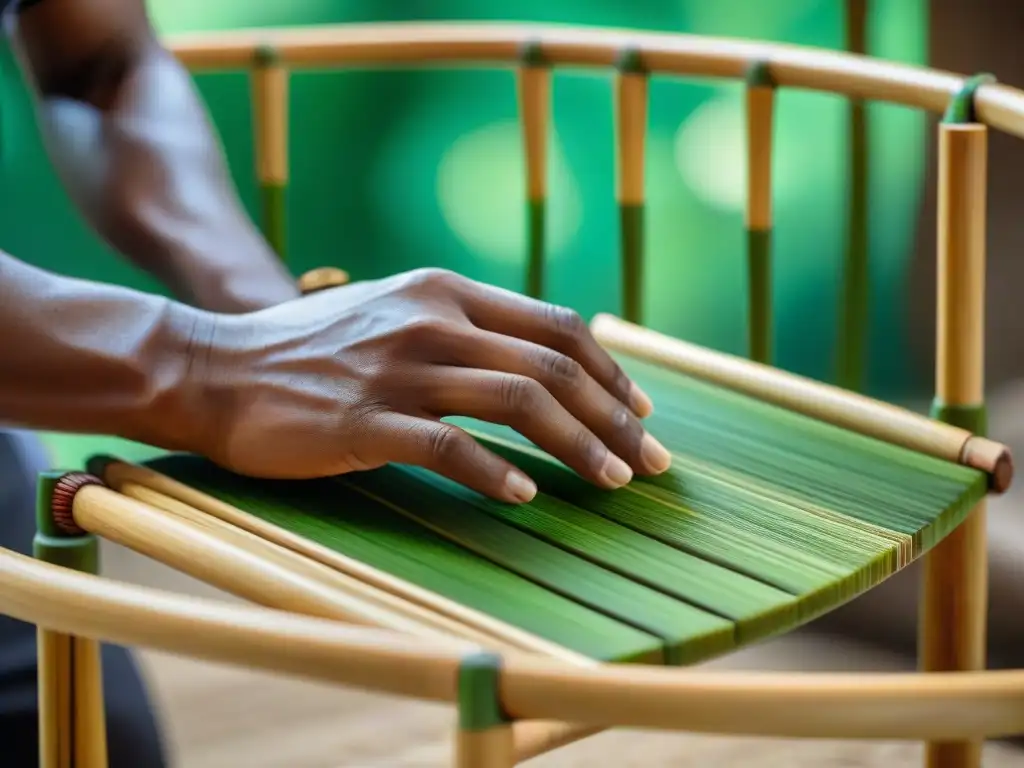 Artesano tejiendo con detalle mueble de bambú