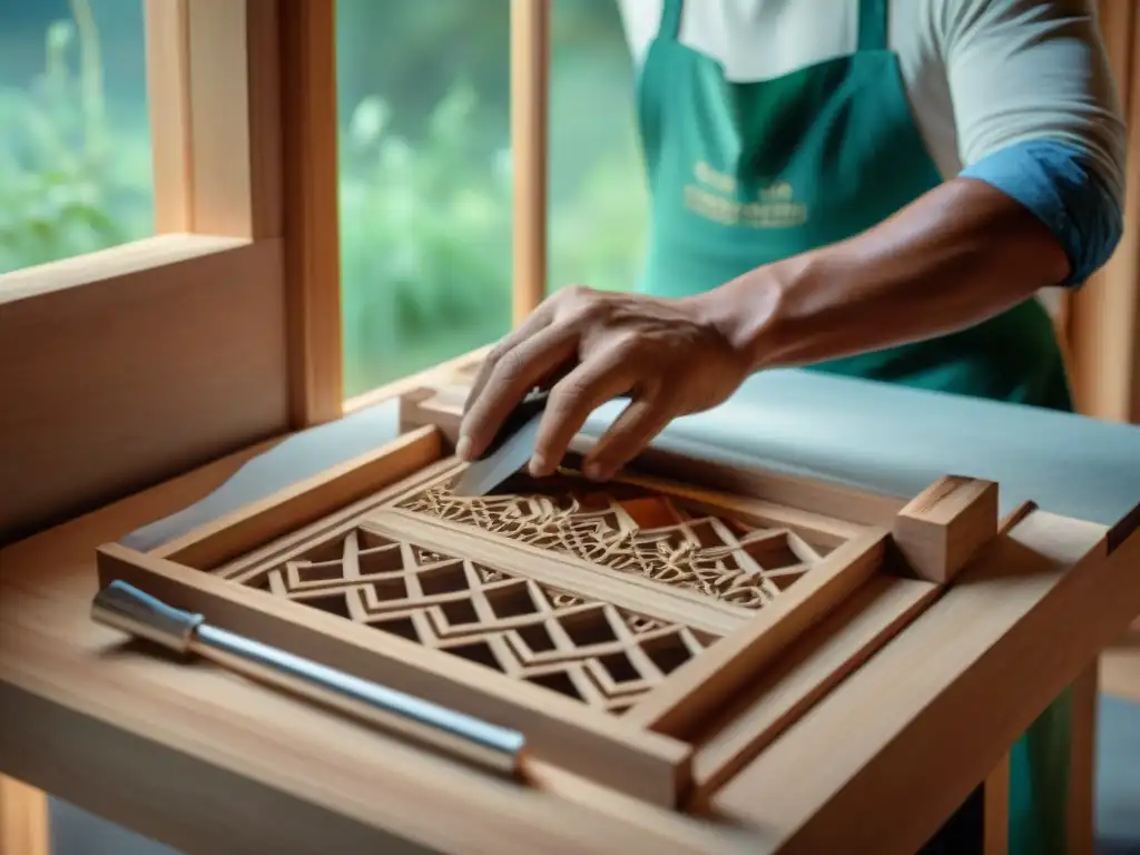 Artesano tallando detalles en marco de ventana de madera para viviendas verdes artesanía local sostenible