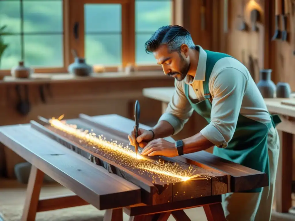 Un artesano tallando diseños en una mesa de madera sostenible en un taller lleno de herramientas y luz cálida