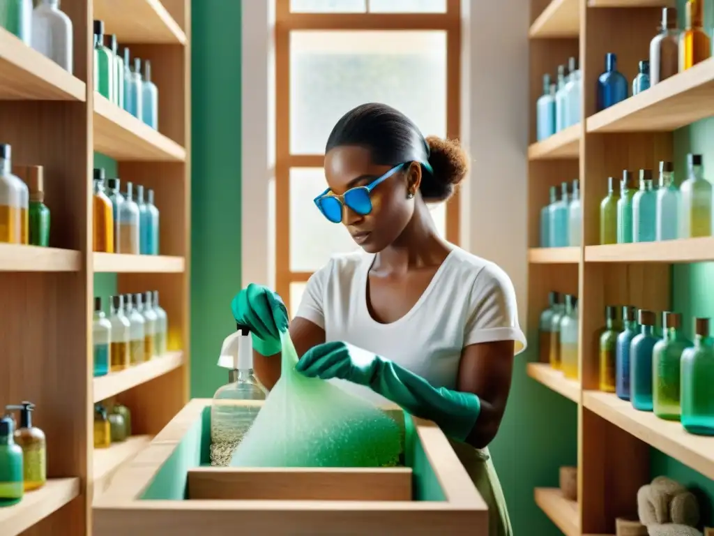 Un artesano crea dispensadores de jabón con botellas de vidrio recicladas en un taller