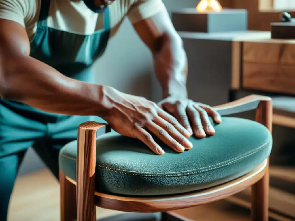 Un artesano crea una elegante silla de madera reciclada con detalle y destreza