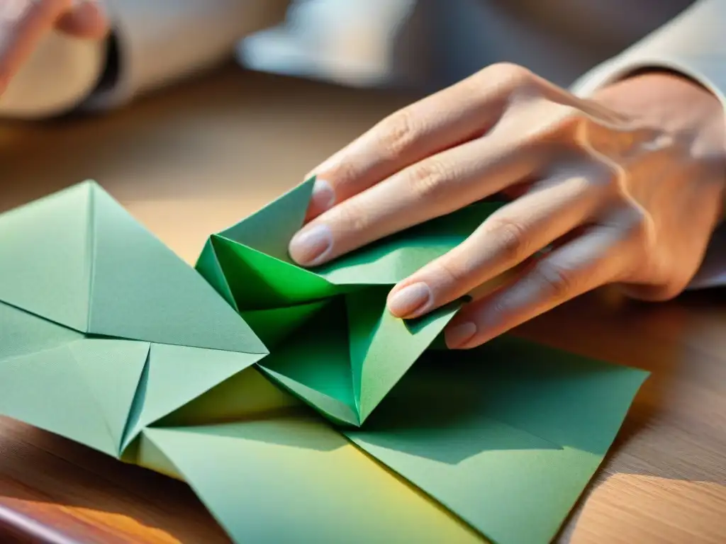 Un artesano hábil crea esculturas de origami con papel reciclado, mostrando precisión y arte en objetos decorativos ecológicos