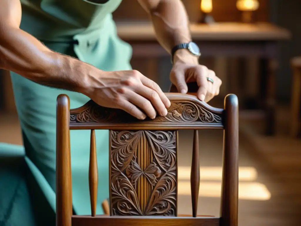 Un artesano experimentado restaura con delicadeza las intrincadas tallas de una silla de madera vintage, destacando la restauración de muebles usados ecológica