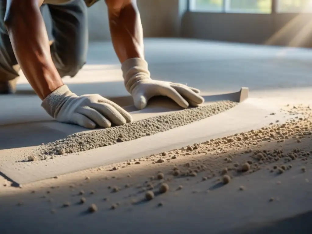 Un artesano experto alisa con cuidado un concreto ecológico en un espacio interior sostenible