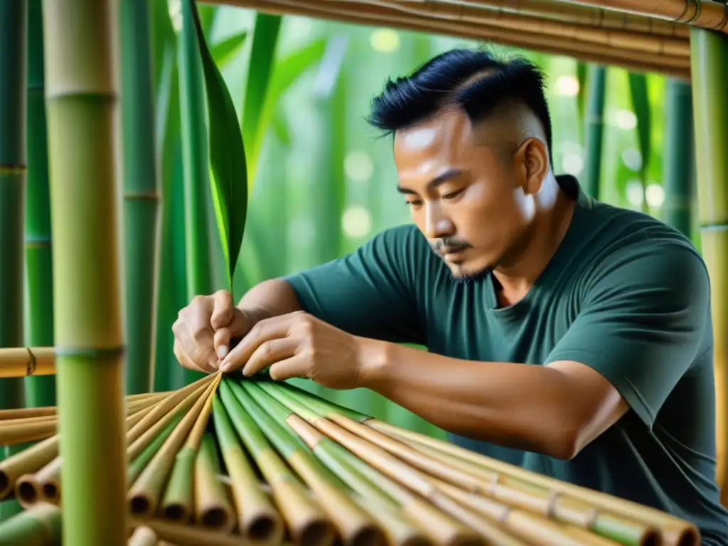 Un artesano experto construyendo con destreza una estructura de bambú en un bosque exuberante