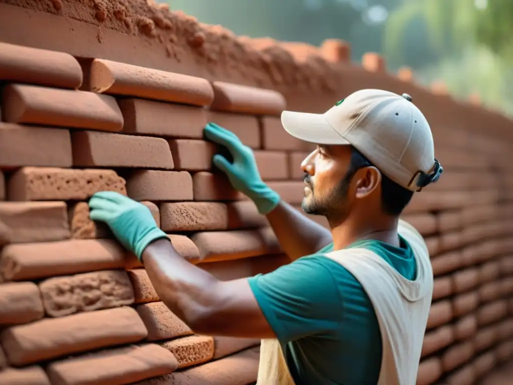 Un artesano experto construye con precisión y cuidado un muro de adobe sostenible