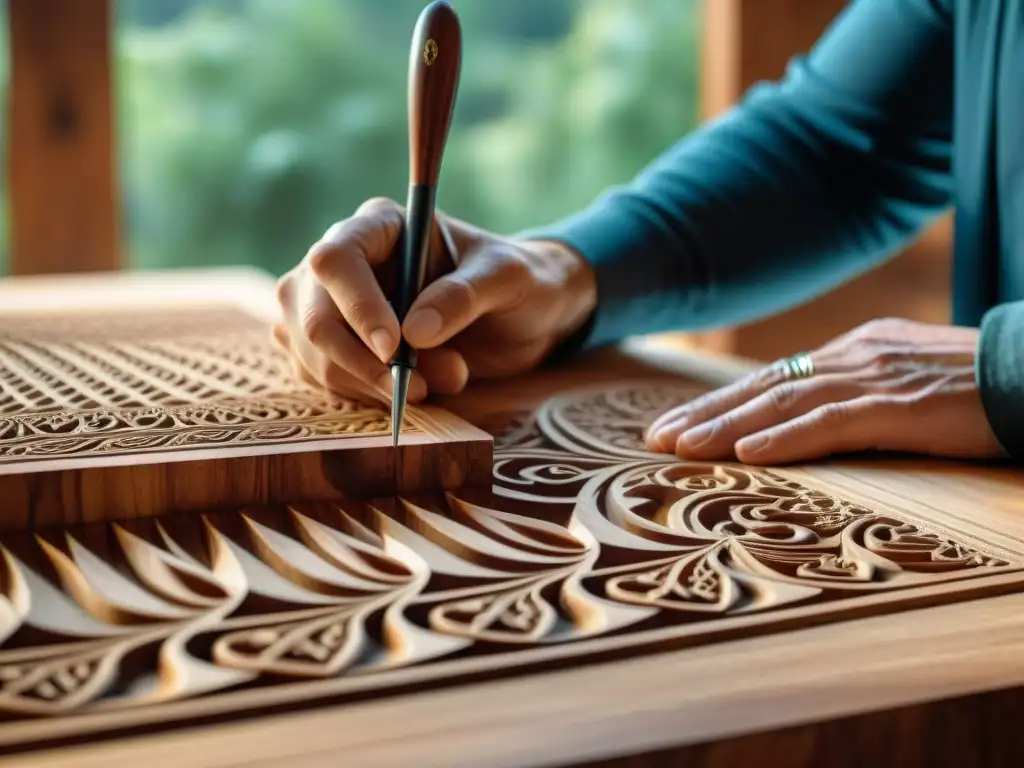 Un artesano habilidoso tallando diseños en un panel de madera sostenible para paredes, mostrando dedicación y destreza en cada detalle