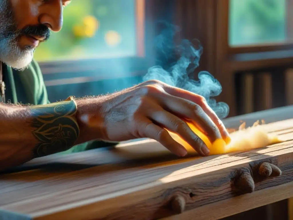 Un artesano habilidoso crea una hermosa pieza de mobiliario sostenible con madera recuperada, la luz del sol ilumina los detalles