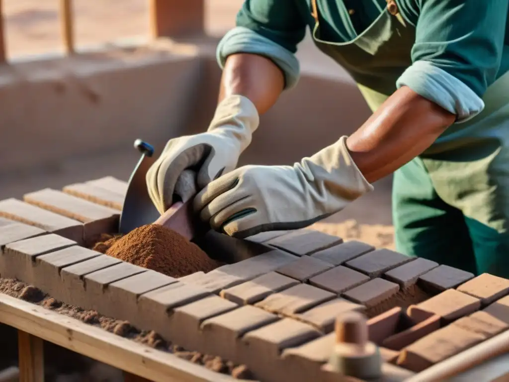 Hábil artesano moldea ladrillo de adobe con materiales autóctonos en entorno rural