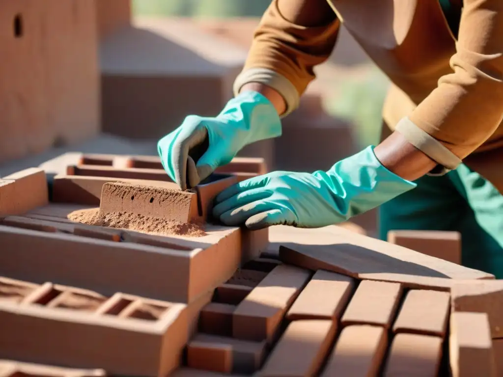 Artesano moldeando ladrillos de adobe a mano bajo el sol, mostrando la transformación de la tierra en arquitectura tradicional