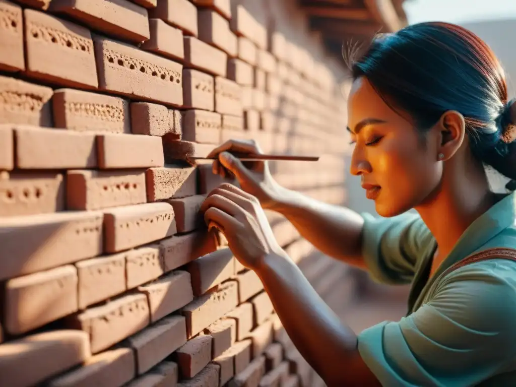 Un artesano moldea ladrillos de adobe bajo el sol, reflejando la arquitectura sostenible tradicional respetuosa planeta