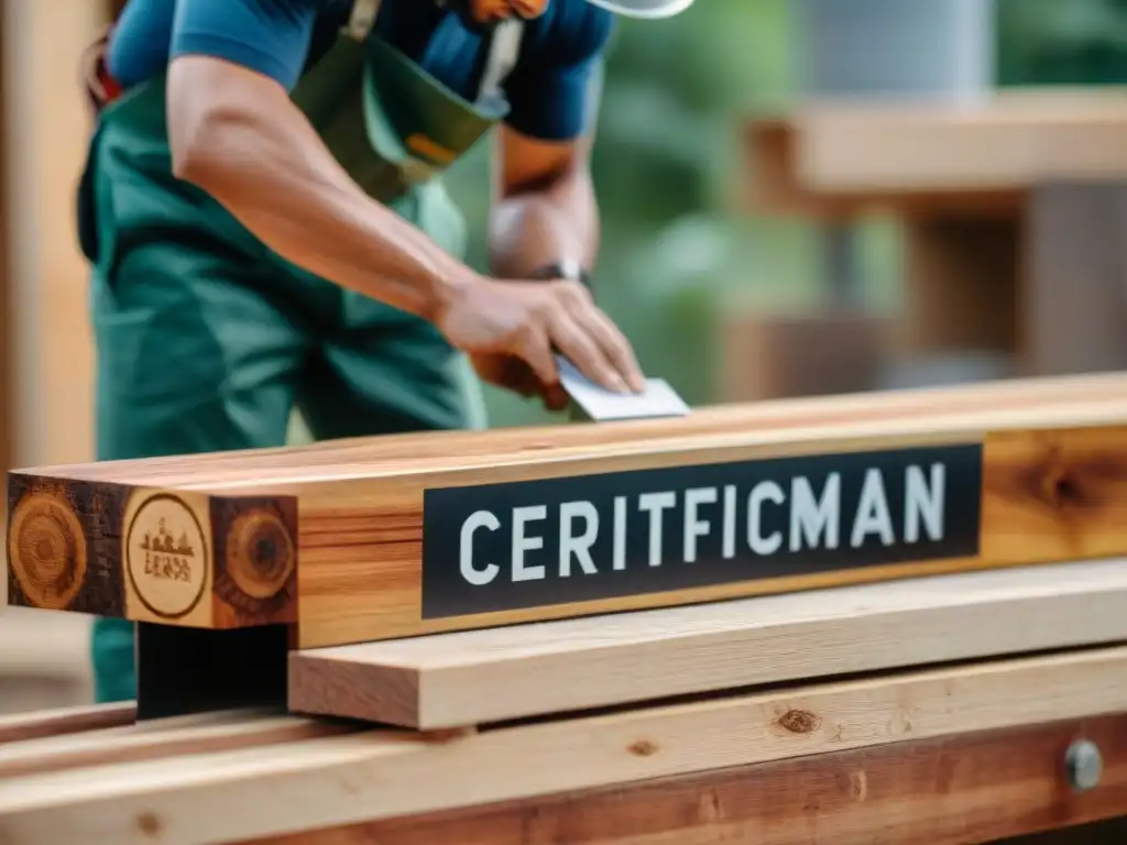 Un artesano inspecciona detalladamente el logo de Certificación FSC en una viga de madera de construcción sostenible, en un sitio moderno y sostenible