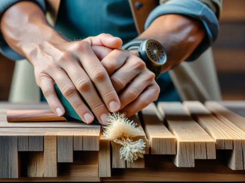 Un artesano transformando materiales recuperados para decoración sostenible, con manos curtidas y dedicadas creando muebles intrincados