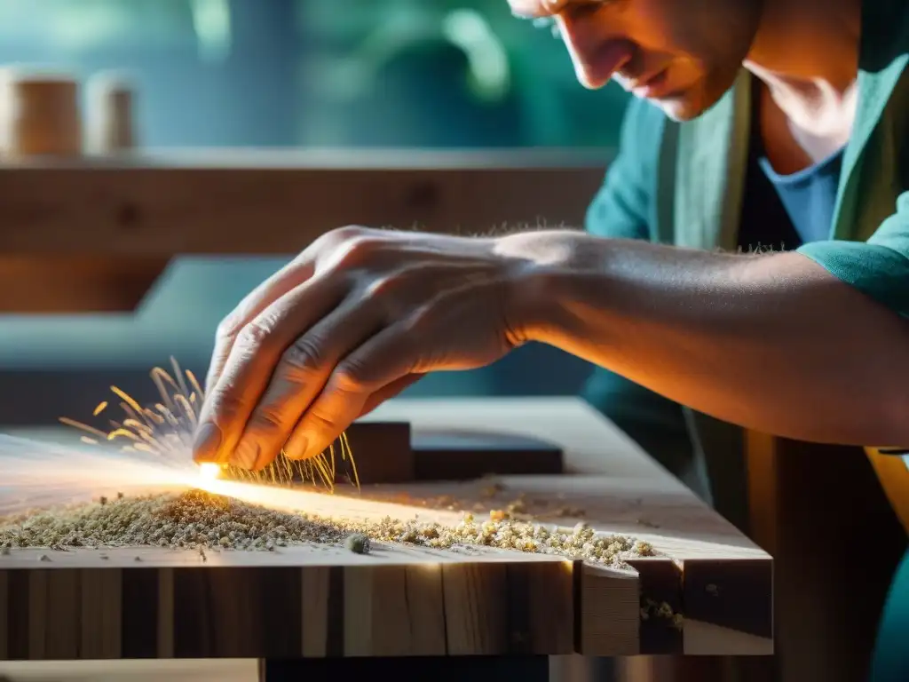 Un artesano crea mobiliario modular sostenible para arquitectura con madera reciclada en un taller iluminado por el sol