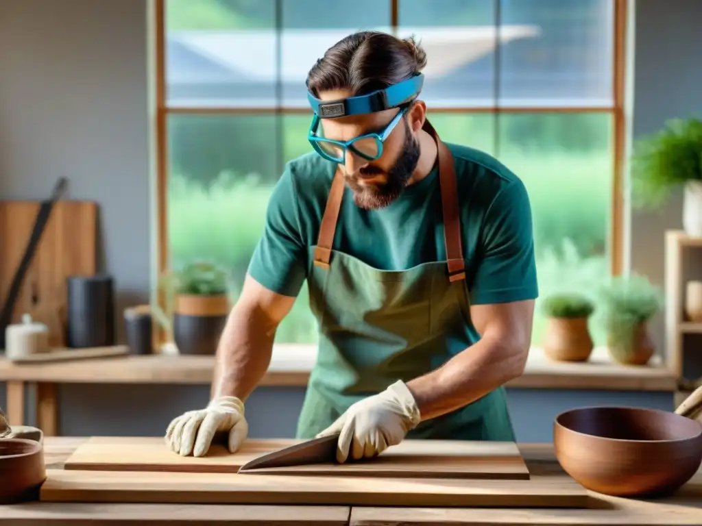 Hábil artesano creando mueble eco con madera reciclada, diseño ecológico en taller tranquilo