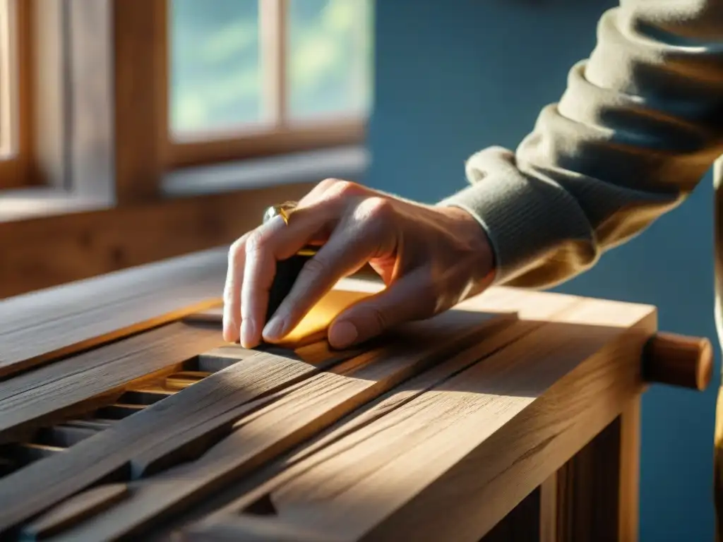 Un artesano crea muebles sostenibles de madera reciclada con detalle y dedicación, iluminado por la luz solar