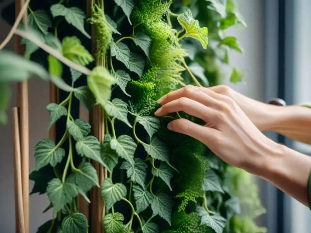 Artesano experto tejiendo una pared viva ecoamigable Artesano crea pared viva con materiales sostenibles, mostrando conexión profunda con la naturaleza