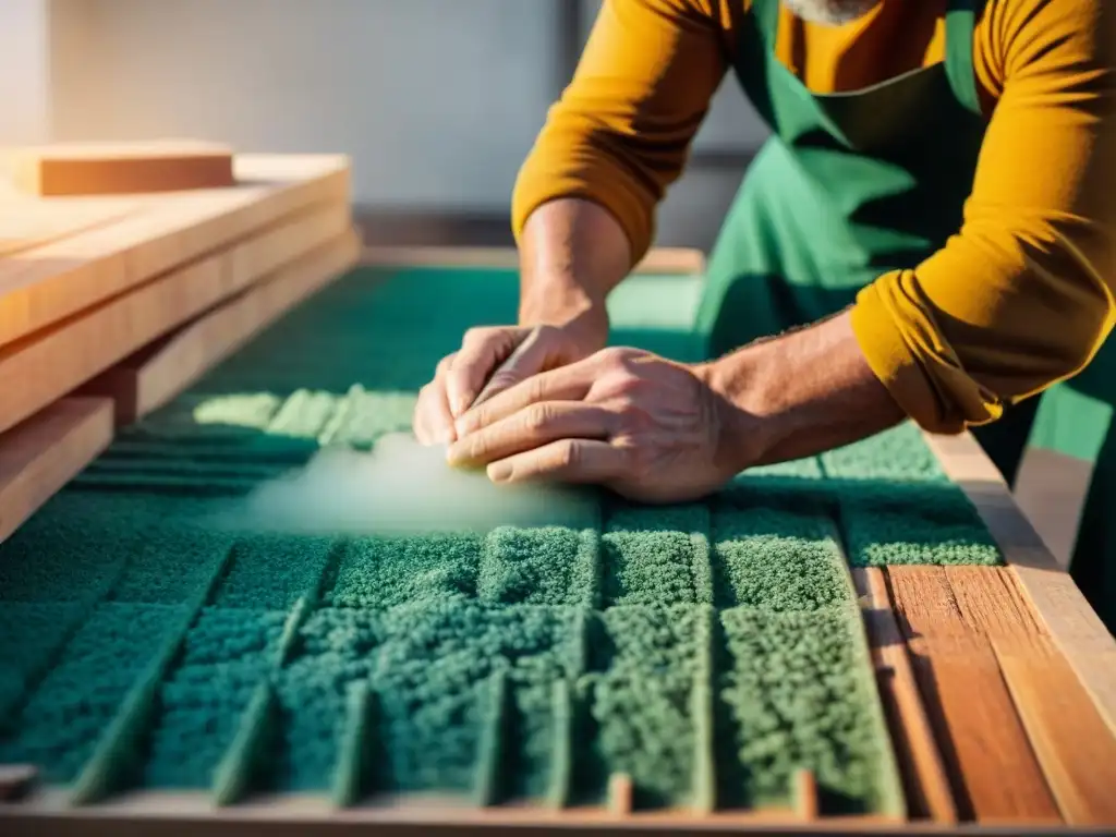 Artesano crea pavimentos sostenibles para interiores con vidrio reciclado y madera en taller soleado