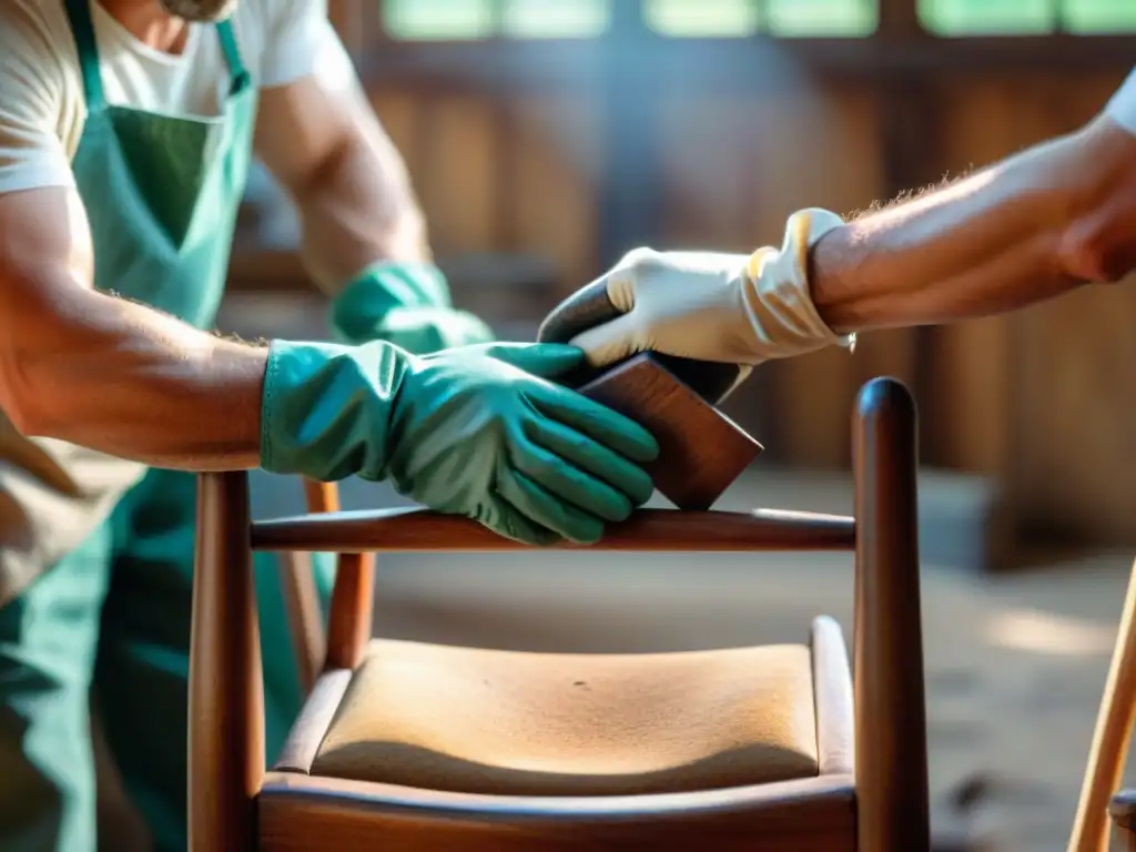 Artesano restaurando silla antigua de forma sostenible en taller rústico