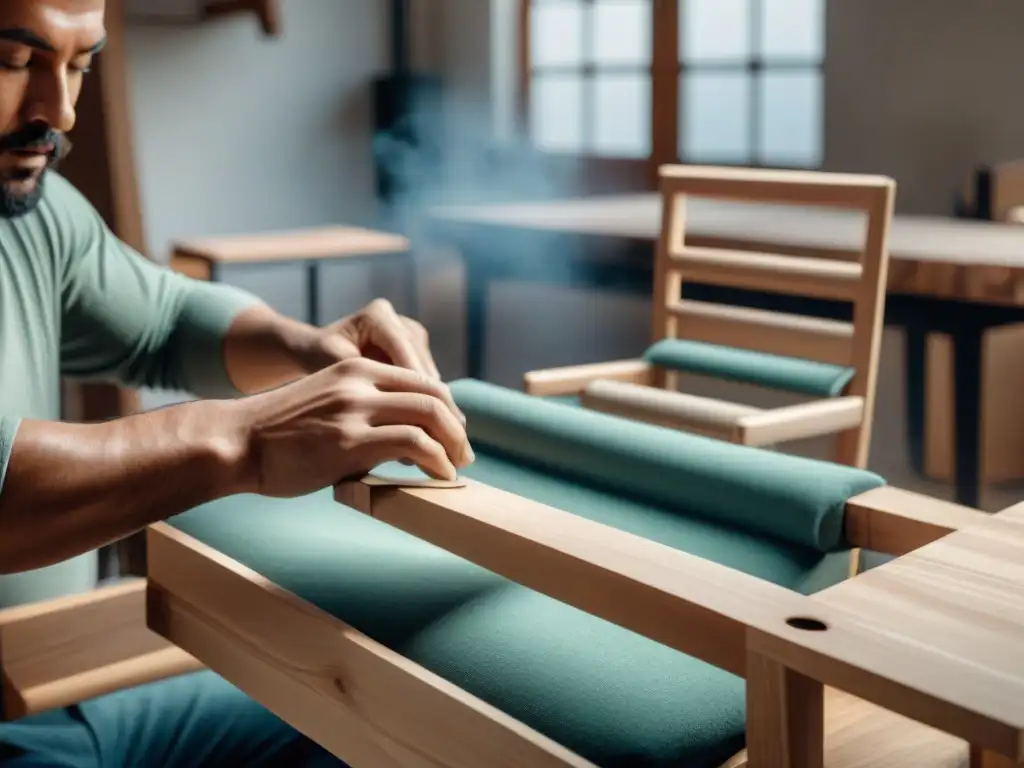 Muebles sostenibles: artesanía moderna con materiales reciclados Artesano crea silla moderna con materiales reciclados en taller iluminado