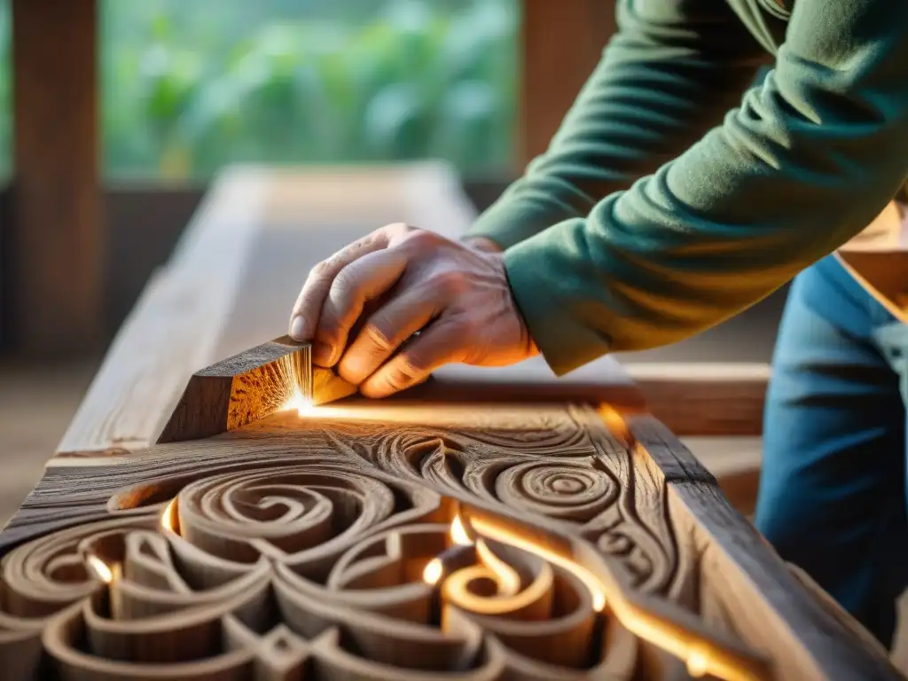 Un artesano talla delicadamente diseños en una viga de madera sostenible, en un taller iluminado, representando la artesanía local sostenible