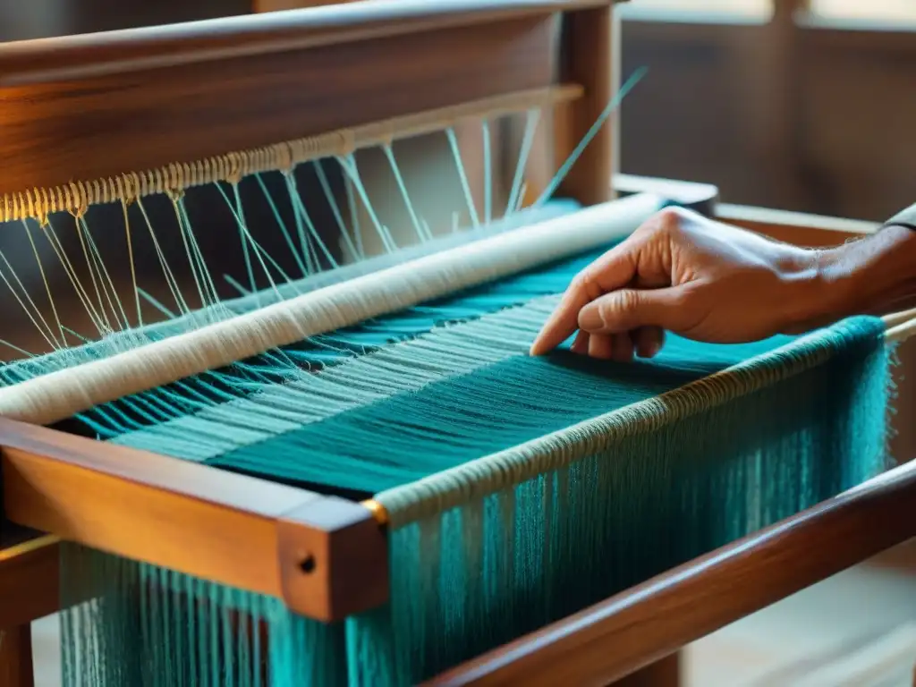 Artesano tejiendo textiles orgánicos sostenibles para arquitectura con destreza en telar de madera tradicional