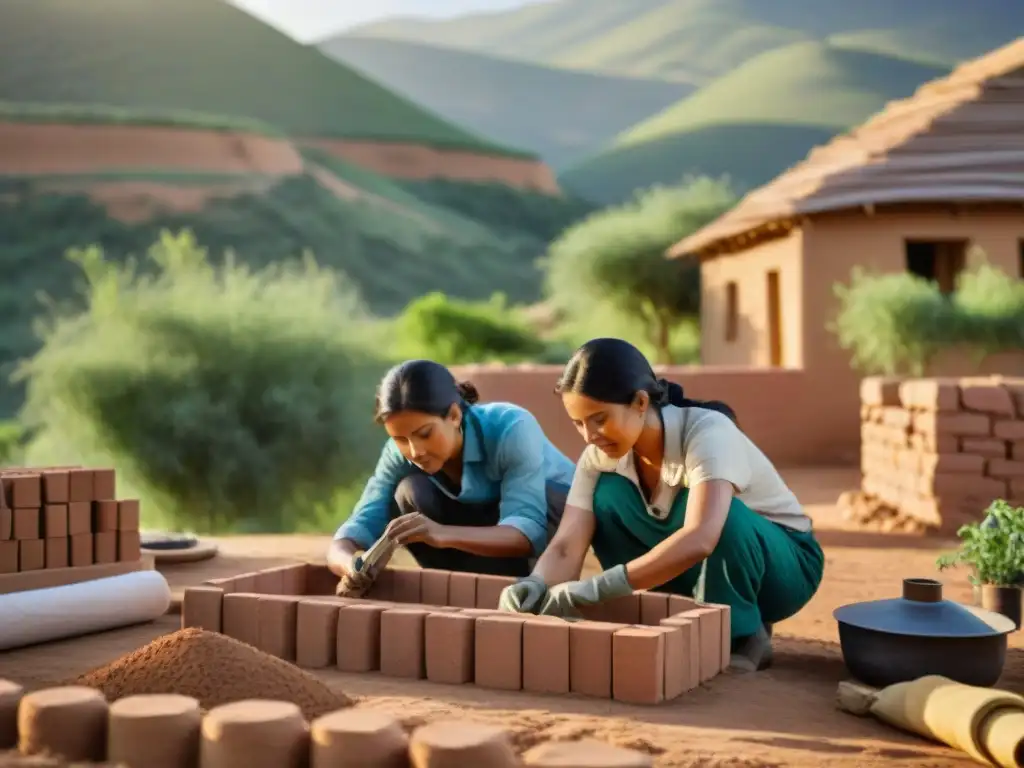 Artesanos construyendo casa de adobe en entorno rural