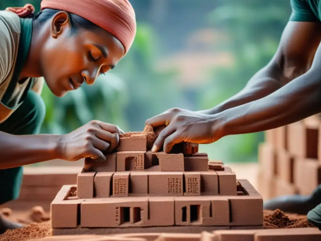 Artesanos esculpiendo ladrillos para construcción con tierra sostenible futura