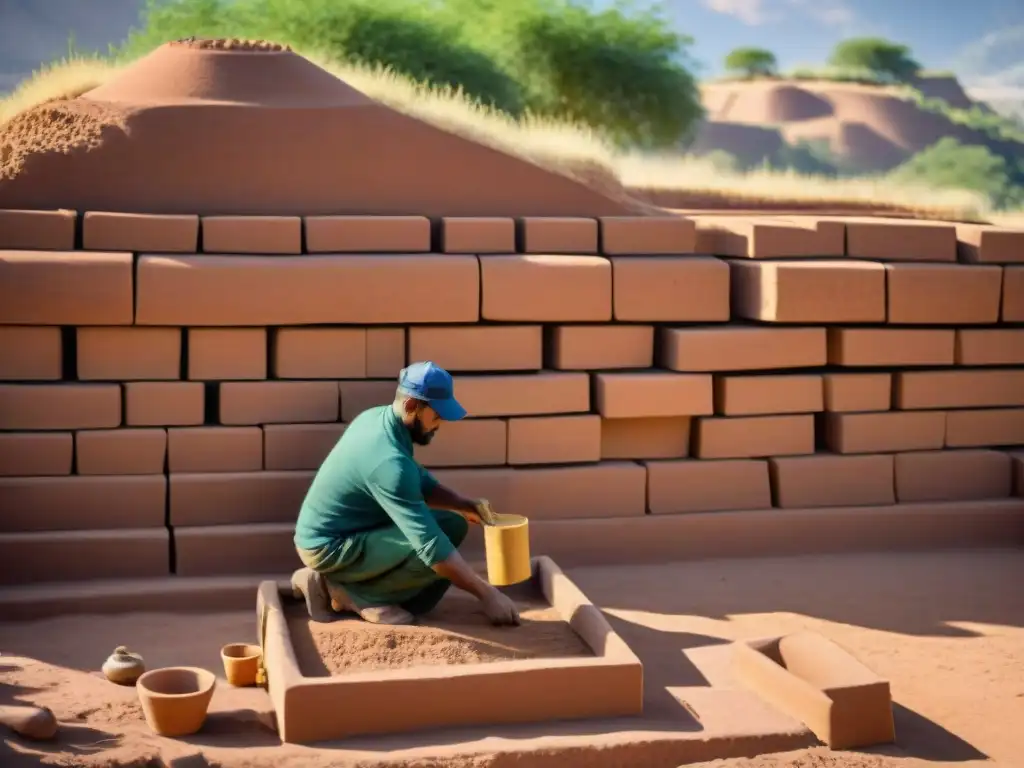 Artesanos creando pared de adobe bajo el sol, destacando la arquitectura de tierra sostenible con técnicas ancestrales