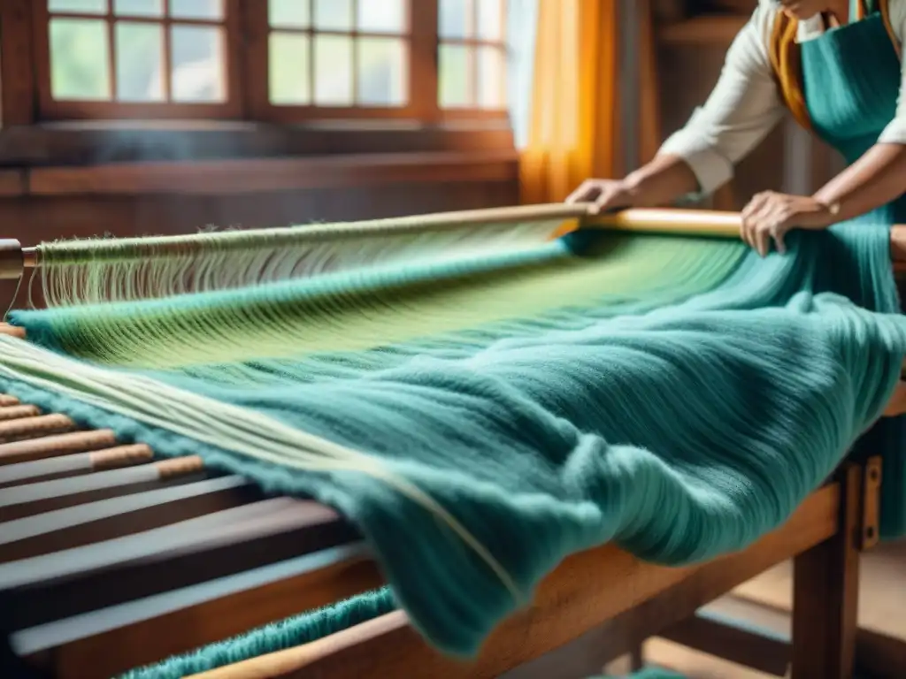 Artesanos crean ropa de cama de algodón orgánico en taller artesanal, mostrando impacto materiales hogar bienestar