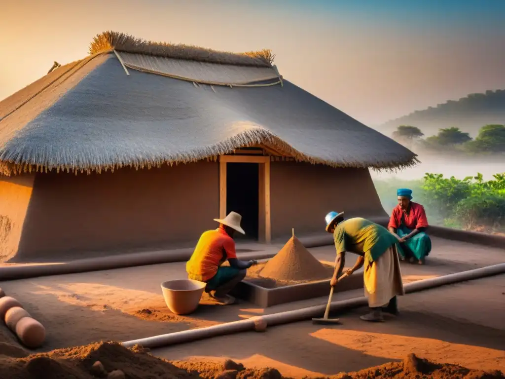 Artesanos construyendo con tierra sostenible futura al atardecer