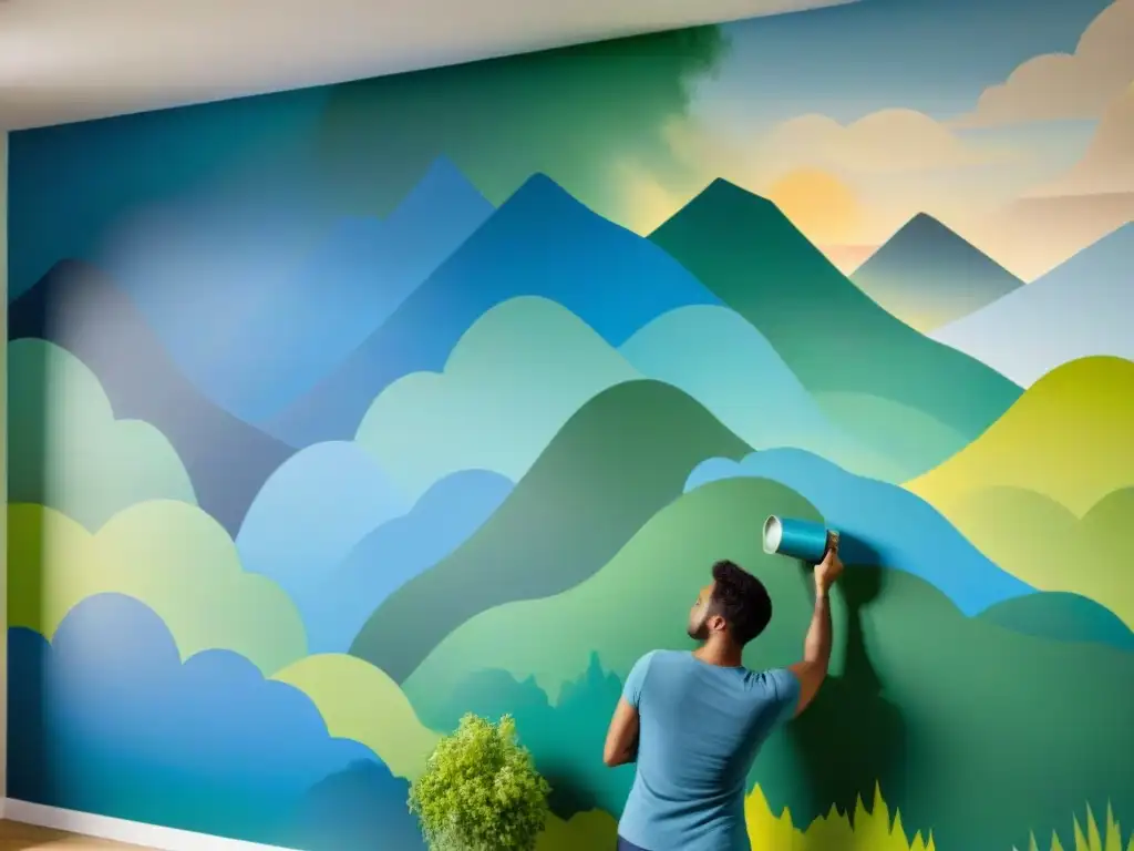 Un artista detallista pinta un mural en un hogar con pinturas no tóxicas, creando una obra de arte sostenible y hermosa